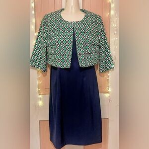 dressbarn Navy Sheath Dress with Green and White Geometric Panel